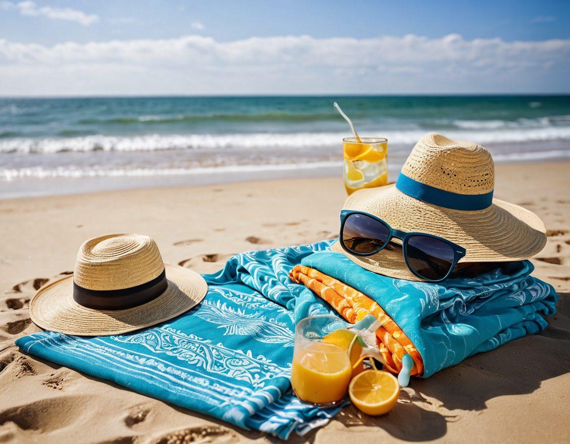 A vibrant beach scene showcasing essential accessories for a sun-kissed adventure, including colorful bikinis, stylish sunglasses, a wide-brimmed hat, a beach towel with tropical patterns, and a cooler with refreshing drinks. The backdrop features bright blue waves and golden sand, inviting relaxation and fun. The overall atmosphere should exude a sense of summer joy and adventure. vibrant colors. super-realistic.